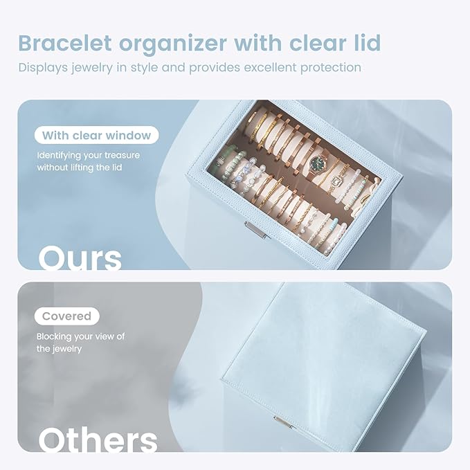 Lolalet Bracelet Display Holder with Rods for Bangles Watches, Clear Lid Jewelry Organizer Box Storage Case for Women Girls -Blue