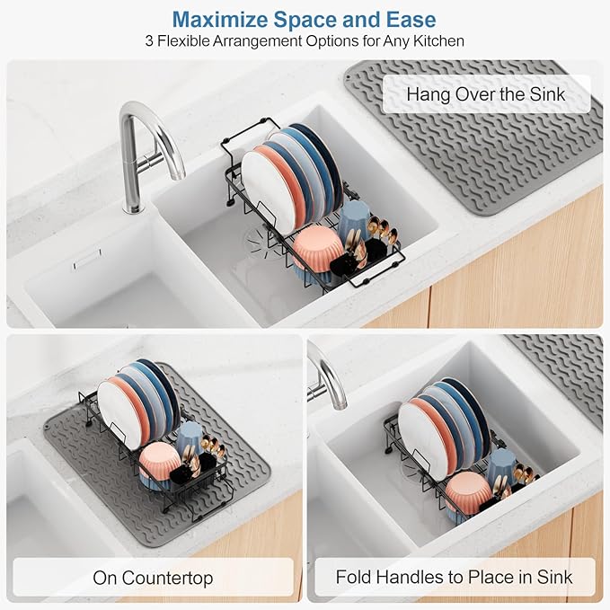 iSPECLE Small Sink Dish Drying Rack with Silicone Mat, Expandable Compact Rust Resistant Dish Drainer for RV Apartment Kitchen, Dish Rack with Tightening Knob, 9" W x 12"-16.8" L, Black