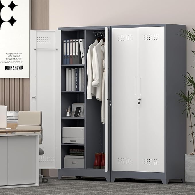 73" H Broom Closet Storage Cabinet, Metal Storage Cabinet with Adjust Shelves,Utility Cabinet,Utility Closet for Garage,Gray-White