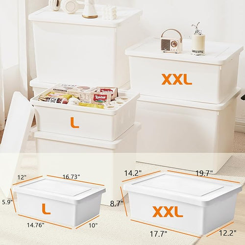 6gal+3gal high-end White multifunction storage box with lid, Set of 4 Stackable Plastic Boxes with Handles, Suitable for Garage and Home Storage, Waterproof and Moisture-Proof （2XXL+2L