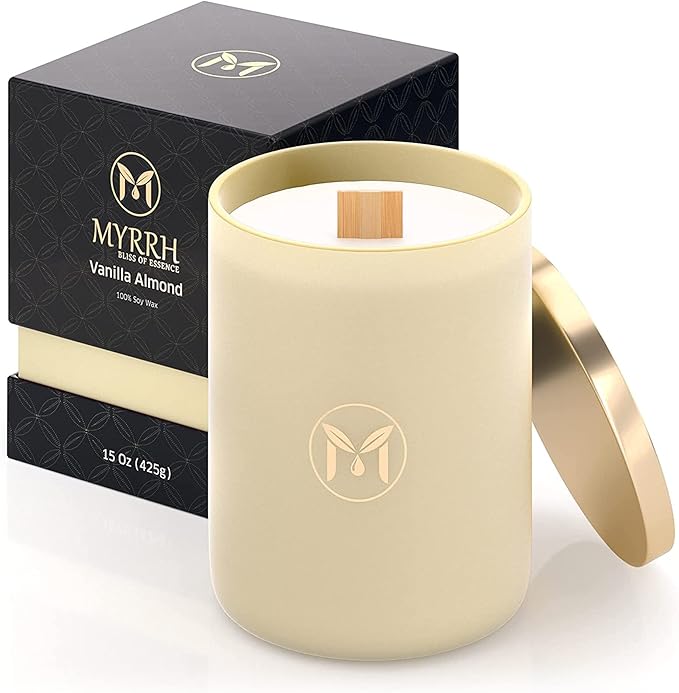 MyrrhUSA Vanilla Almond Scented Candle – 15 oz Natural Soy Wax with Crackling Wooden Wick & Essential Oil | 80 Hour Burn | Luxury Aromatherapy Candle for Relaxation, Home Décor, Living Room & Bathroom