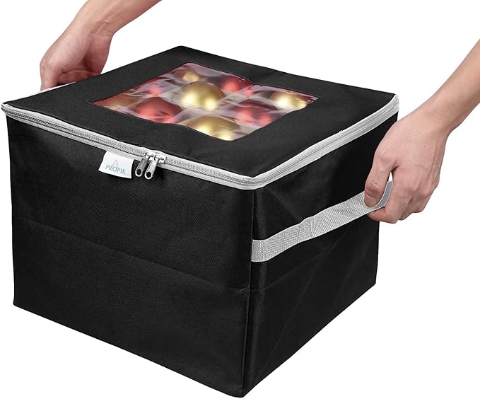 ProPik Christmas Ornament Storage Box, Organizer Holds Up to 48 Xmas Balls with 3 Separate Removable Trays, Container has Dividers to Organize Holiday Tree Ornaments (Black)