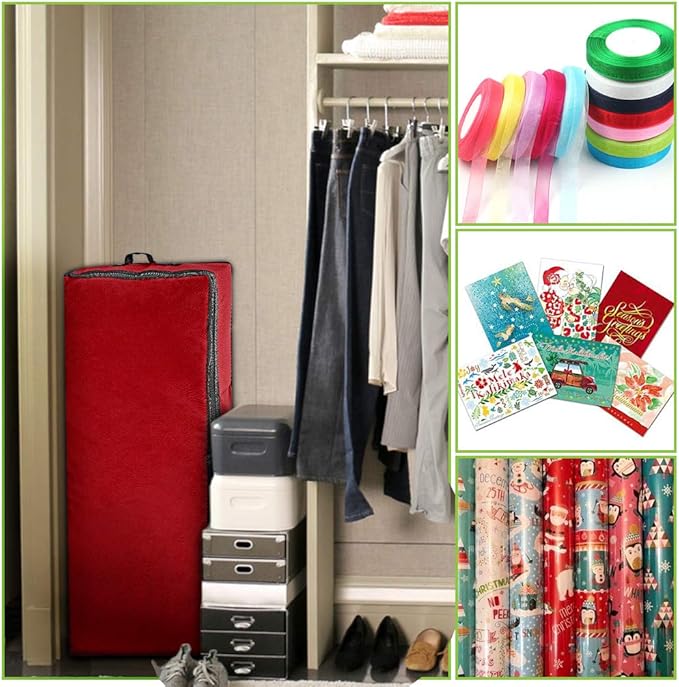 Primode Wrapping Paper Storage Container | Gift Wrap Organizer Under Bed | 41”x14”x6” | Fits 18-24 Rolls Up to 40” | 600D Oxford | Box Holder with Pockets for Ribbon, Bows and Accessories (Red)
