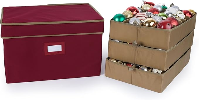 Covermates Keepsakes Adjustable Ornament Storage Box – Heavy-Duty Polyester, Padded Dividers & FlexGrid Trays – Protective Holiday Organizer with Stackable Walls & Label Window, Red