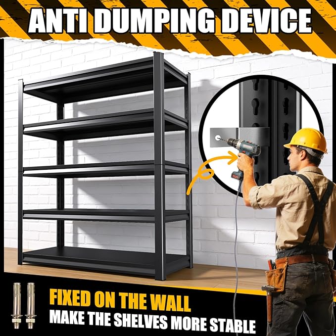 5-Tier 72”H Garage Shelving, Adjustable Garage Shelves, 2500 Lbs Storage Shelves Heavy Duty, Garage Shelf for Tool Organization, Storage Shelves for Basement, Warehouse, Black (72''H×46''W×19.7''D)