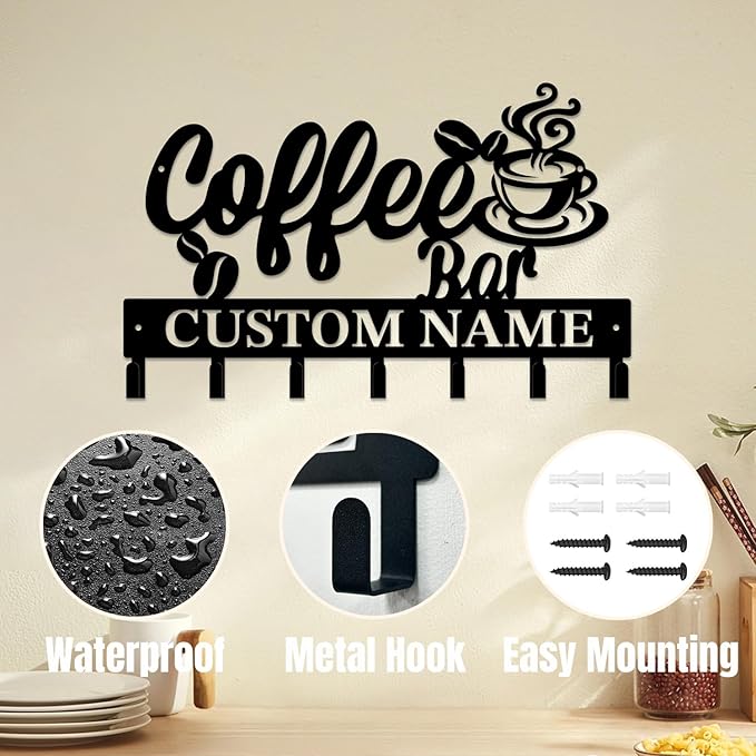 Personalized Custom Name Coffee Bar Wall Keys Hooks,Metal Coffee Shop Art Clothes Hooks,Metal Coffee Lover Wall Home Storage Decorative,For Front Door, Hallway, Kitchen, Bedroom,Keys,Hats (Style E)
