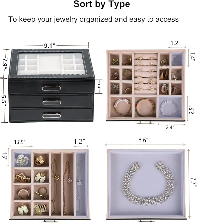 3 Layer Jewelry Organizer Box with Glass Lids & 3 Drawers - Elegant Storage Solution for Necklace, Rings，Earrings, and Bracelets - Perfect for Women ASK-301 (Black)