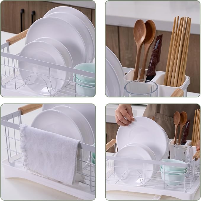AppleTofu Dish Drainer Rack - Plate, Cutlery, Pots, and Pans Drying Rack for Kitchen with Beechwood Handles - Modern Retro Design Drip Tray with Metal Rack - White