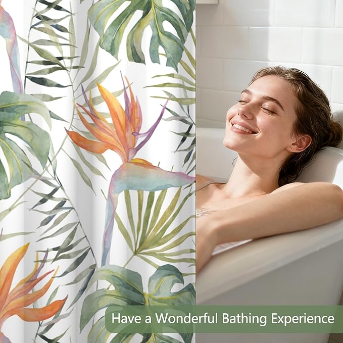 TQUQOBU Tropical Leaves Shower Curtains for Bathroom, Waterproof Double Layers Fabric No Hook Shower Curtain with Liner, Green Palm Monstera Leaf Botanical Jungle Decor Bath Curtains, 71x74 Inch