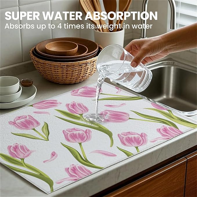 Dish Drying Mat For Kitchen Counter, Pink Tulip Flower Microfiber Absorbent Dish Drainer Rack Pad Reusable Large 18x24in Drying Mat