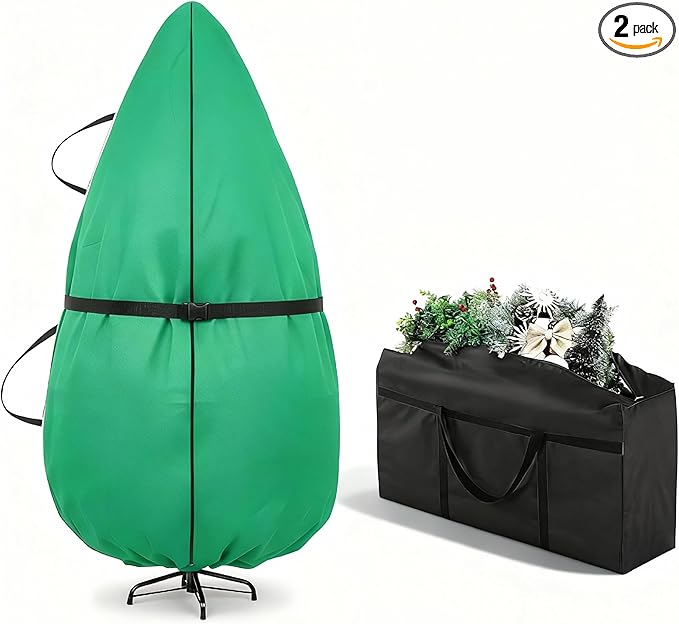Upright Christmas Tree Bag 7.5 ft /8 ft Christmas Tree Covers for Upright Storage with Zipper & Adjustable Straps with Xmas Ornament Storage Bag Green(large)