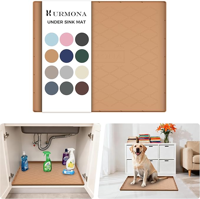 URMONA Under Sink Mat for Kitchen Waterproof, 25" x 19" Silicone Under Sink Mat for Shelf Liner Organizer, Cabinet Sink Protector Under Sink Liner for Bottom Kitchen, Bathroom(Khaki)
