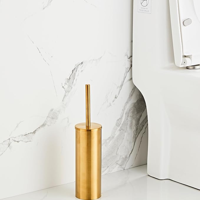 Brushed Gold Toilet Brush and Holder Set - Stainless Steel Toilet Bowl Scrubber with Replaceable Head & Splash Guard