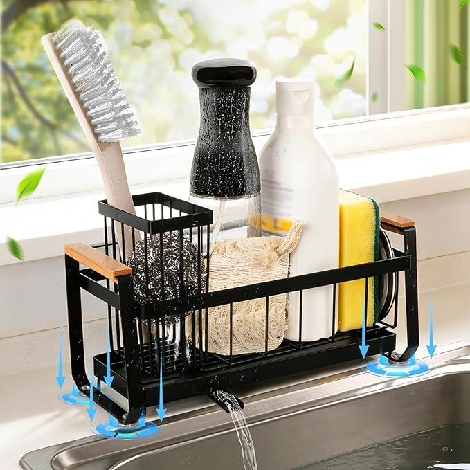 Hobychild Kitchen Sponge Holder with Dish Brush Holder,Sink Caddy with Suction Cup，Stainless Steel Sink Box Dish Scrubber Holder，Soap Tray for Kitchen Countertop Accessories & Storage (Black)
