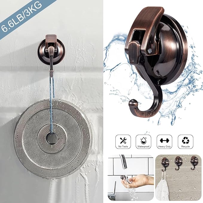 Suction Cup Hooks for Shower, Bathroom, Kitchen, Glass Door, Mirror, Tile – Loofah, Towel, Coat, Bath Robe Hook Holder for Hanging – Waterproof Wreath Hanger (2, Red Bronze)