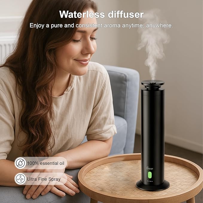 Hotel Collection Diffuser Machine,Remote,Rechargeable,Whisper-Quiet,Aluminum,1500 Sq Ft,Waterless Essential Oil Diffuser - Matte Black