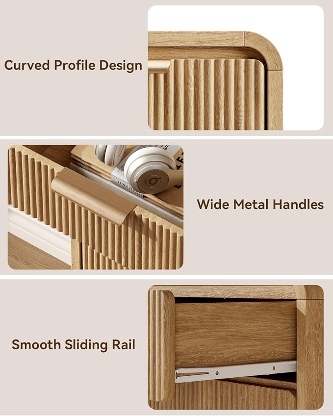 Fluted 6 Drawer Dresser for Bedroom, 44" Tall Modern Chest of Drawers, Curved Profile Design, Vertical Storage Dresser Organizer for Living Room, Hallway, Natural Oak