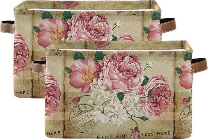 ALAZA Vintage Shabby Chic Rose Floral Foldable Storage Box Storage Basket Organizer Bins with Handles for Shelf Closet Living Room Bedroom Home Office 1 Pack