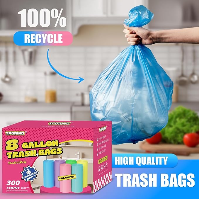 T.FORING 300 Count 8 Gallon Trash Bags - Heavy Duty Medium Garbage Bags 30 Liter Unscented 0.94 Mil Thick & Leakproof Wastebasket Liners for Kitchen Bathroom Home