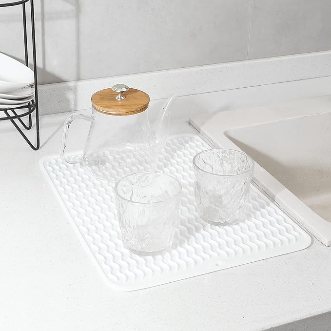 MicoYang Silicone Dish Drying Mat for Multiple Usage,Easy clean,Eco-friendly,Heat-resistant Silicone Mat for Kitchen Counter or Sink,Refrigerator or drawer liner White L 16 inches x 12 inches