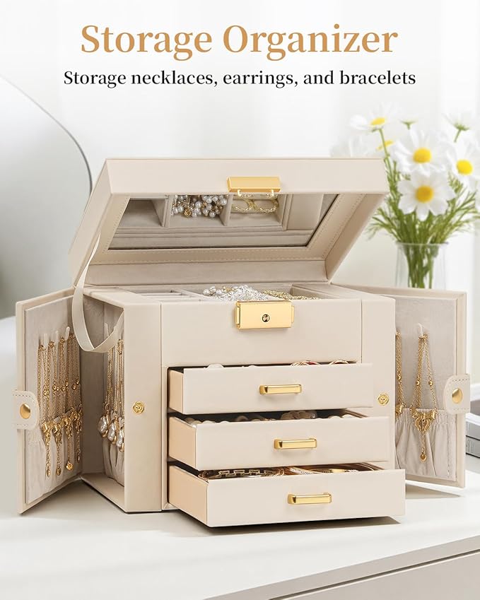 TORIBIO Jewelry Box for Women, Leather Jewelry Organizer with Mirror & Lock, 4-Tier Jewelry Storage Organizer with 3 Drawers for Girls/Women/Mothers, Necklace Earring Bracelets Holder Organizer