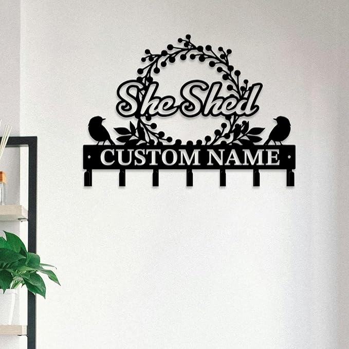Personalized She Shed Metal Keys Hooks,Custom Name Metal She Shed Keys Hooks,Black Metal She Shed Wall Home Storage Decorative Keys Hooks,Key Holder Hooks for Wall (Style D)