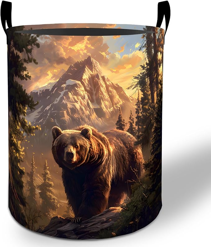 Bear Laundry Basket Hamper 19.7"x15.8", Rustic Wildlife Foldable Waterproof Oxford Clothes Storage Bucket for Room Bathroom Bedroom Nursery Decor, Toy Organizer Bins Gifts for Kids Boys Girls
