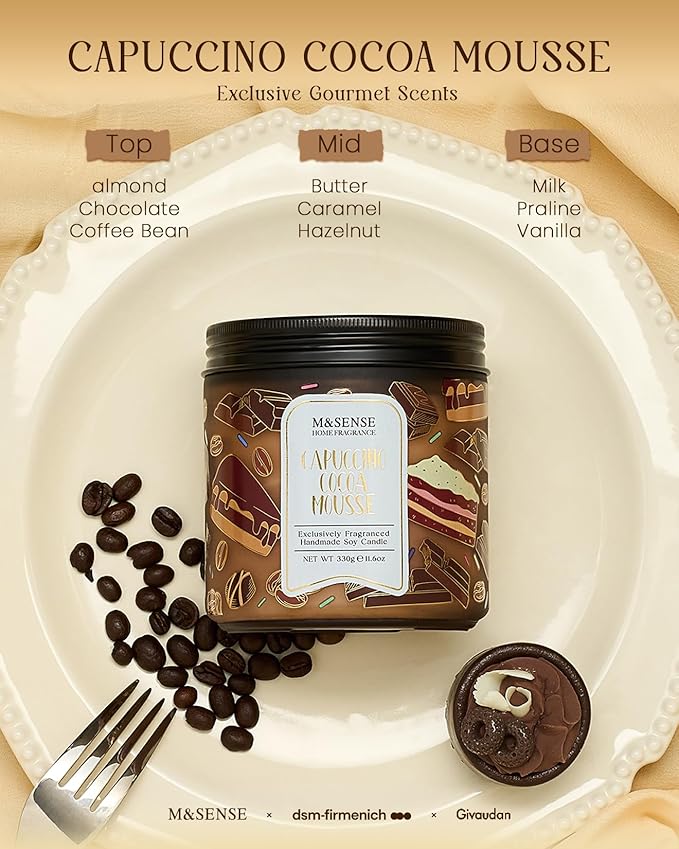 M&SENSE Coffee Candles Cappuccino Cocoa Scented, Soy Based Wax 11.6oz 70 Hours Non Toxic Slow Burn, Double Wick Highly Scented Chocolate Candles for Relaxation, Holiday Gifts for Coffee Lover