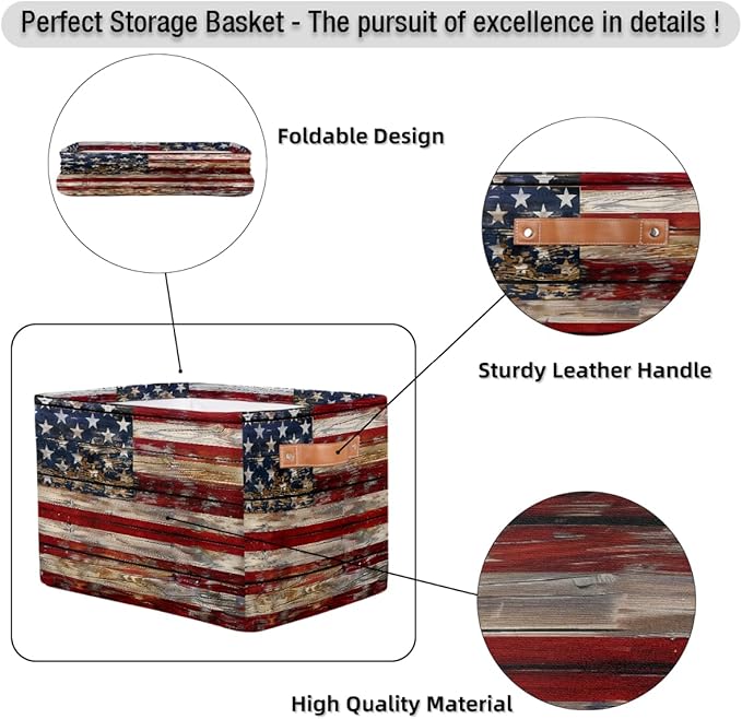 American Flag Storage Basket for Shelves, Storage Bins with Handles, Collapsible Basket for Organizing, Closet Toy Baskets for Nursery Room, 15x11x9.5 in, Canvas, Old Wooden USA Flag