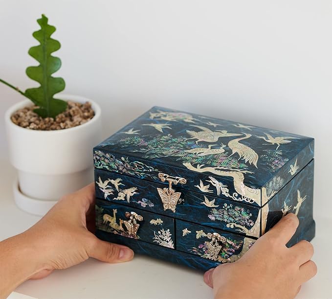 MADDesign Mother of Pearl Lacquered Jewelry Box Two Level Cranes Blue