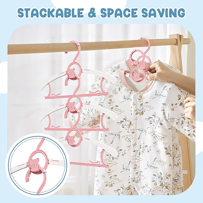 30 Pack Kids Hangers for Nursery Closet, Adjustable Non-Slip Toddler Baby Hangers with Windproof Buckle, 11-14" Infant Child Plastic Clothes Pant Hanger for Boys Girls Newborn Adult, Pink