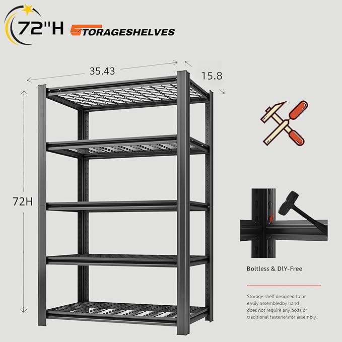 LI JIU HOME 5 Tier Metal Shelving Unit, Adjustable Storage Shelves, 72" H x 35.43" W x 15.8" D Heavy Duty Garage Shelves for Warehouse, Basement, Kitchen, Pantry, Living Room, Black