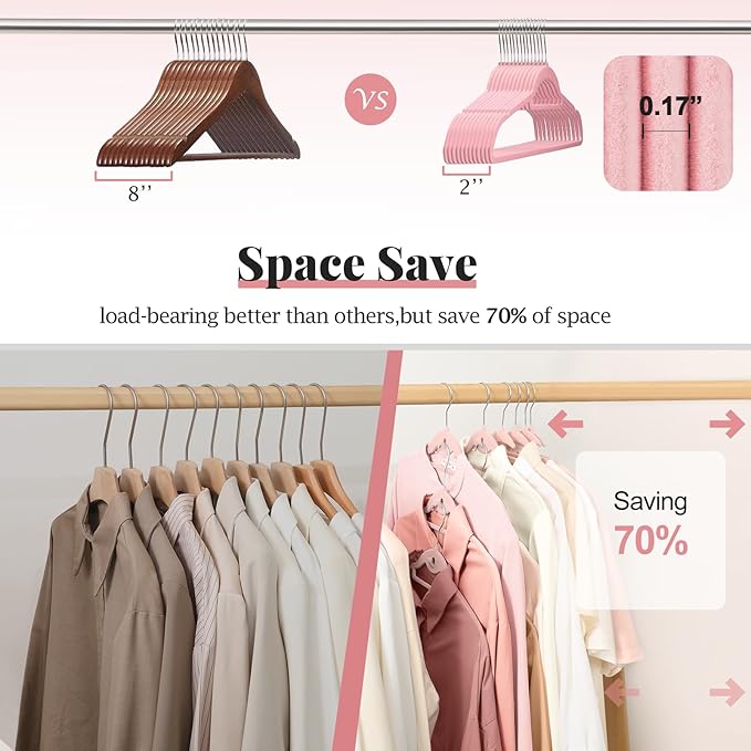 UEAKPIC Velvet Hangers 50 Pack, S-Shaped and Stackable Non Slip with 360°Swivel Hook, Ultra Thin and Space Saving Flocked, for Suits, Shirts, Coats, 15Lbs Capacity Heavy Duty, Pink