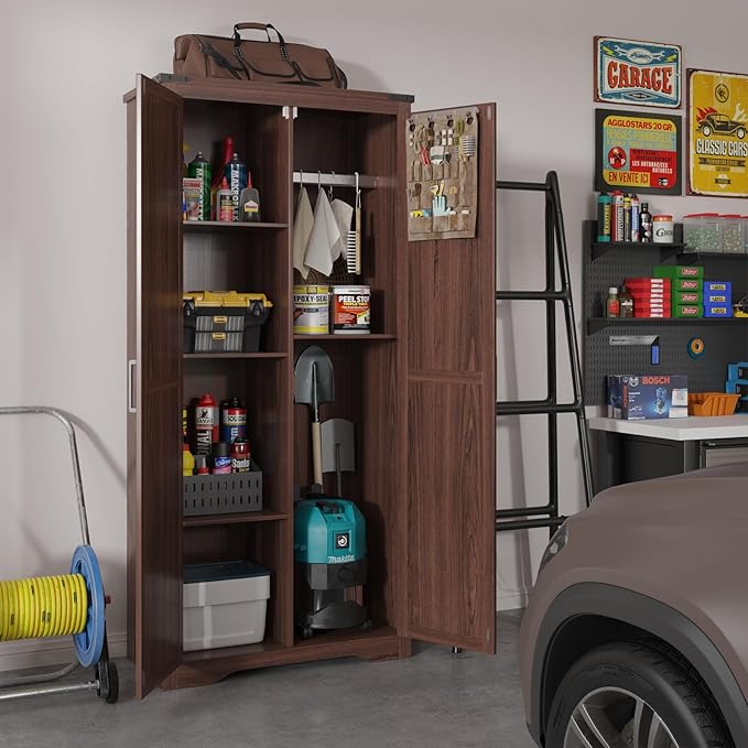 Farmhouse Storage Cabinet with Adjustable Shelves, Large Pantry Organize with 2 Barn Doors, Tall Freestanding Cabinet for Kitchen, Bathroom, Garage, Basement, Living, Utility Room, Brown | Adjustable Shelves, Large Pantry, 2 Barn Doors