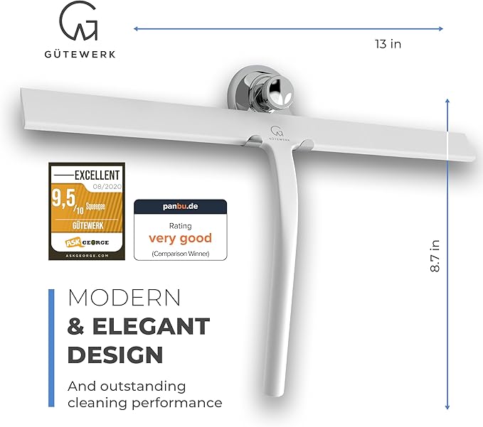 GÜTEWERK Shower Squeegee for Glass Doors, Silicone Window Squeegee, Bathroom and Glass Cleaning - White - 15 Inch