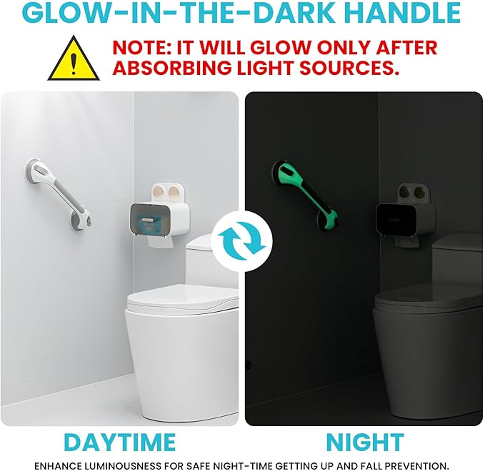 TAILI Shower Grab Bar Glow in The Dark, 2 Pack 16.8 in Grab Bars for Bathtubs and Showers,Shower Handles Shower Rails for Seniors and Elderly,Bathroom Safety Grip Removable No Drilling Waterproof Grey