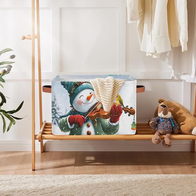 Storage Baskets Bin, Christmas Winter Snowman Collapsible Canvas Fabric Storage Bin Decorative Baskets Toy Organizer Rectangle Storage Boxes with Handles for Home Shelves Nursery, J-020