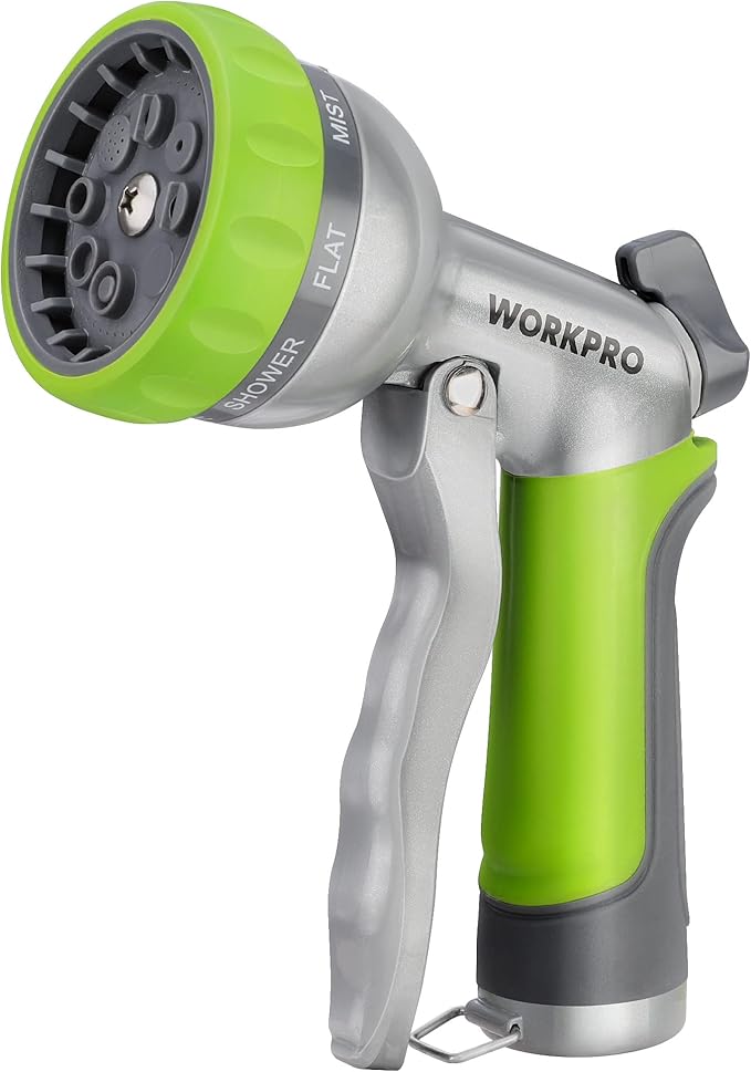 WORKPRO Garden Hose Nozzle - 100% Heavy Duty Metal Water Hose Spray with 8 Adjustable Spray Patterns, Hand Sprayer with Thumb Control for Car Washing, Plants Watering, Pets Showering, Outdoor Fun