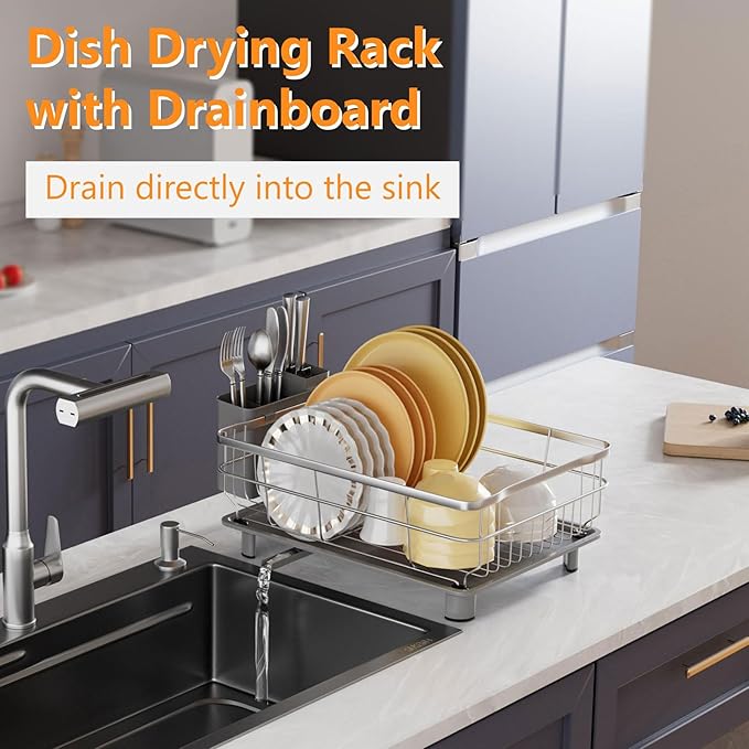 AIDERLY Stainless Steel Dish Drying Rack with Drainboard Dish Drainers for Kitchen Counter Extendable Spout Strainers with Utensil Holder and Knife Slots, Grey