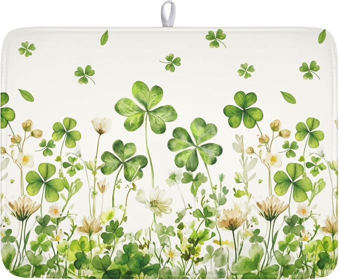 ABSOP St Patrick's Day Dish Drying Mat 18 x 24 Inch Green Clover Dish Drainer Rack Mat Absorbent Microfiber Mats for Shamrock Dish Pad Spring Lucky Dish Pad for Kitchen Bar Decor