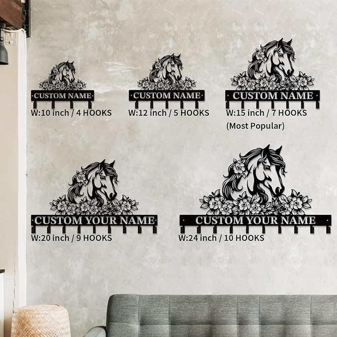 Personalized Custom Name Farm Horse Wall Key Hooks,Metal Horse Art Clothes Hooks,Metal Horse Wall Home Storage Decorative,For Front Door, Hallway, Kitchen, Bedroom,Keys,Hats (Style C)
