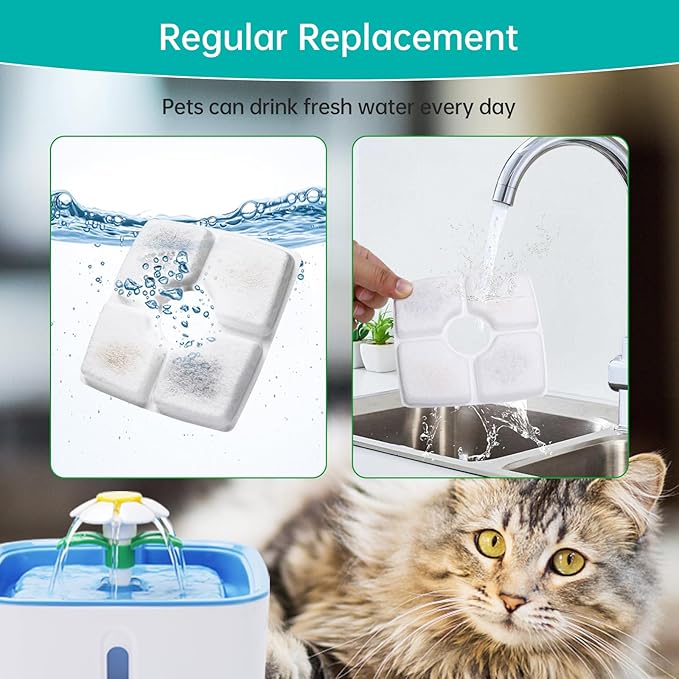 12-Pack Cat Water Fountain Filter Replacement & 12-Pack Pre-Filter Sponges for Square 84oz/2.5L Automatic Cat Fountain Dog Water Dispenser, Triple Filtration System Activated Carbon for Pet Fountain