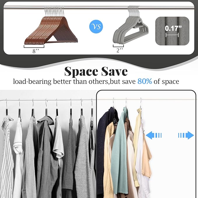 UEAKPIC Velvet Felt Stackable Hangers 50 Pack, Non Slip, with 360° Swivel Hook, Ultra Thin and Space Saving for Suits, Shirts, Coats, 15Lbs Capacity Heavy Duty, Gray
