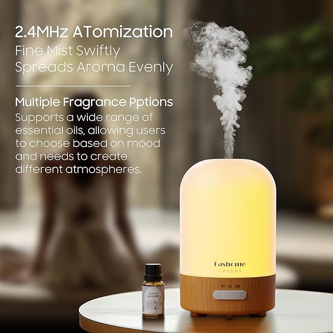 Essential Oil Diffuser Hand Blown Glass, 100ml Small Aromatherapy Diffuser, Auto Shut-Off Function, Ultrasonic Diffusers for Essential Oils, Cool Mist Humidifier with Warm White Lights（White）
