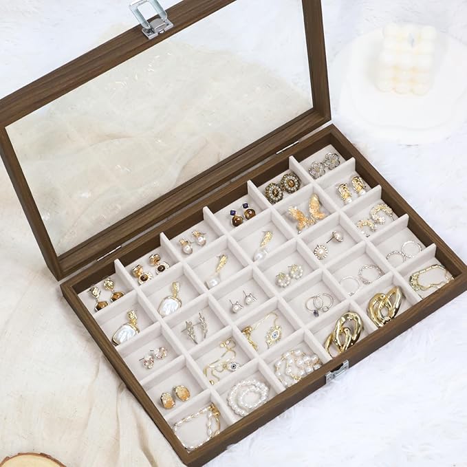 Wudygirl Jewelry Organizer Vintage Jewelry Tray Wooden Earring Holder Organizer with Clear Lid 30 Grid Jewelry Box Drawer Insert Jewelry Display Case for Women（30 Grid）