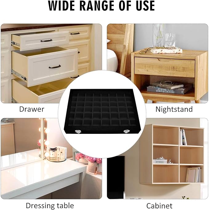 Velvet Jewelry Tray 48 Grid Jewelry Display Tray Organizer Box with Transparent Lid Rings Earrings Necklaces Pendants Display Box Suitable for Women and Girls (Black)