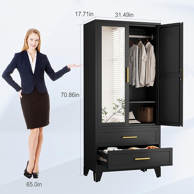 Metal Armoire Wardrobe Closet, 71 "Metal Clothing Storage Cabinet with Mirror and Adjustable Shelves, Household Steel Wardrobe Storage Cabinet with 2 Drawers and Hanging Rod(Armoire-Black)