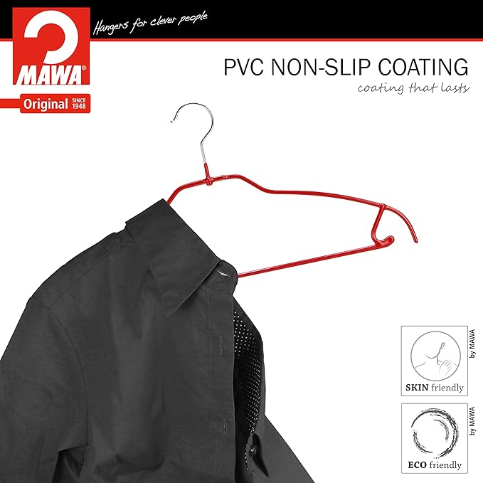 Mawa by Reston Lloyd Silhouette Ultra-Thin Series, Non-Slip Space Saving Shirt Hanger with Pant Bar & Skirt Hooks, Style 42/FTU, Pack of 2, Red