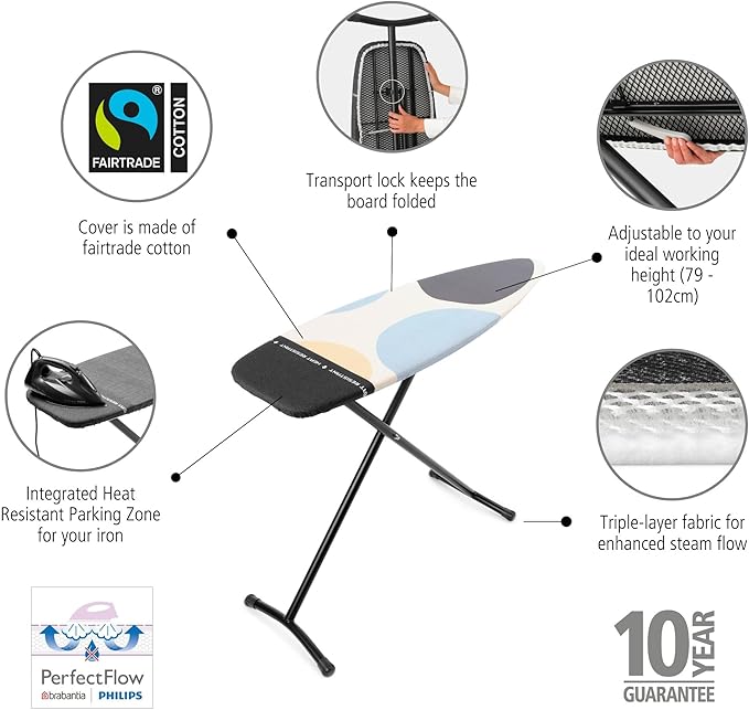 Brabantia Size D Ironing Board (53x18 in) Heat Resistant Parking Zone, Silver Frame, Non-Slip Feet, Suitable for Sit Down Ironing (Spring Bubbles)