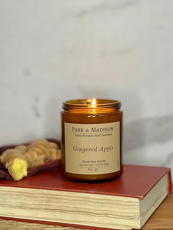 Park & Madison Gingered Apples Soy Candle - Apples Mimosa Scented Candle | Hand-Poured Amber Jar Candle with Black Lid | Fruit Scented Fall Candle | Eco-Friendly, Phthalate-Free, Non-Toxic (4 oz)